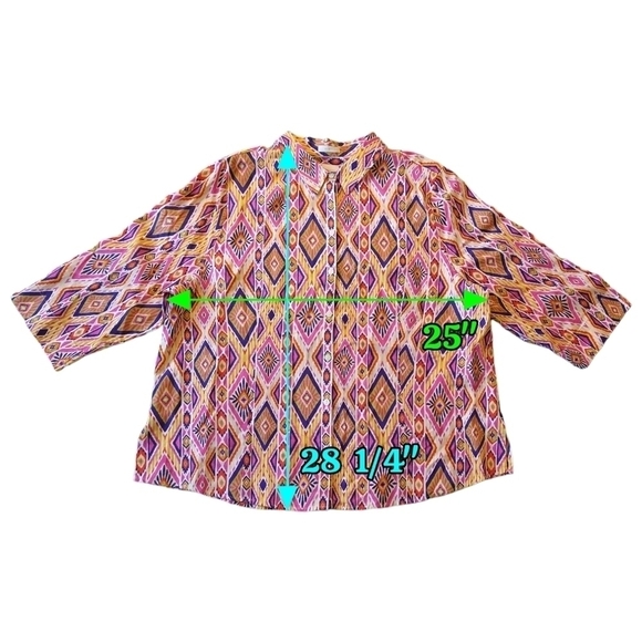 Chico's 100% Linen No-Iron Ikat Multicolor Button Back 3/4 Sleeve Shirt Boho - Picture 2 of 10